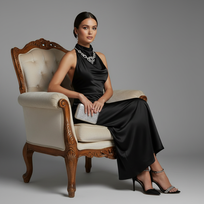 Halter Evening Dress | Elegant Midi Evening Gown for Women